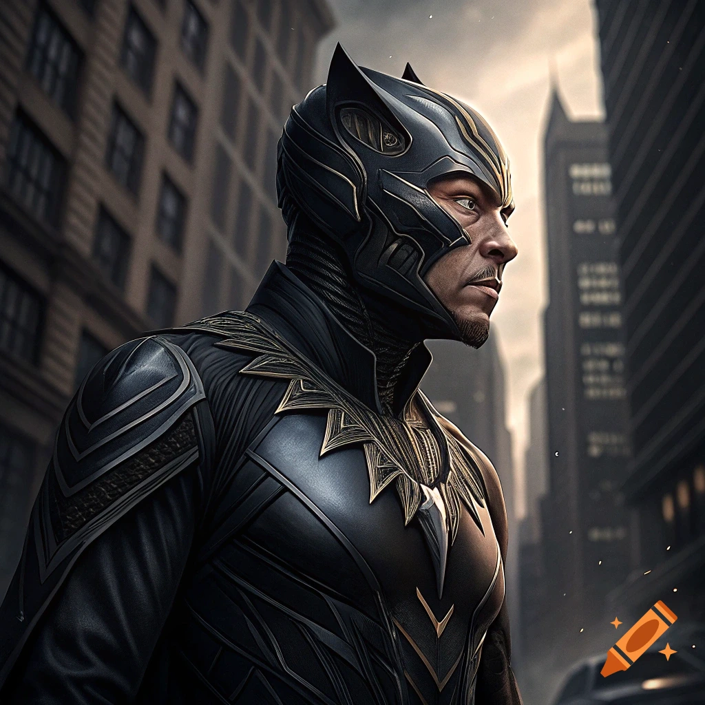 Man in Black Panther superhero costume standing in city street