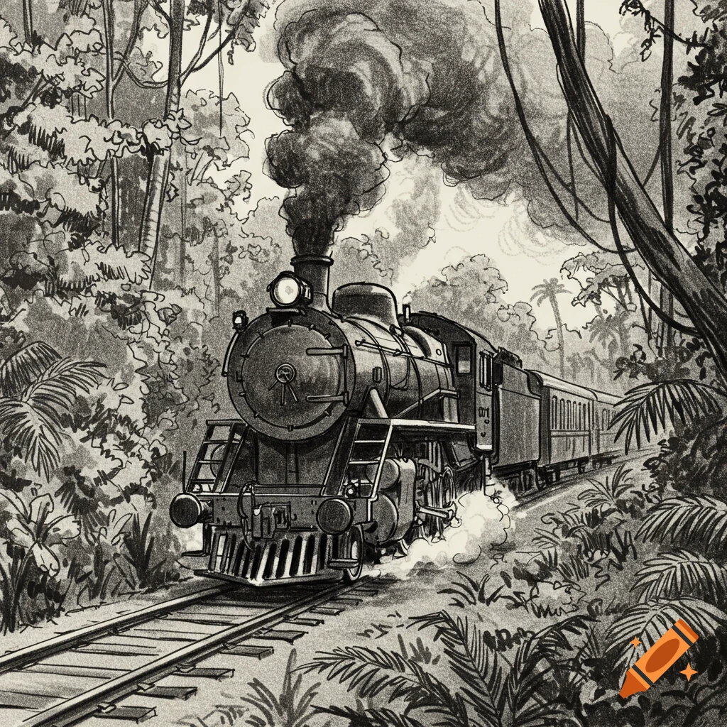 A charcoal sketch of a steam train moving through a dense jungle.