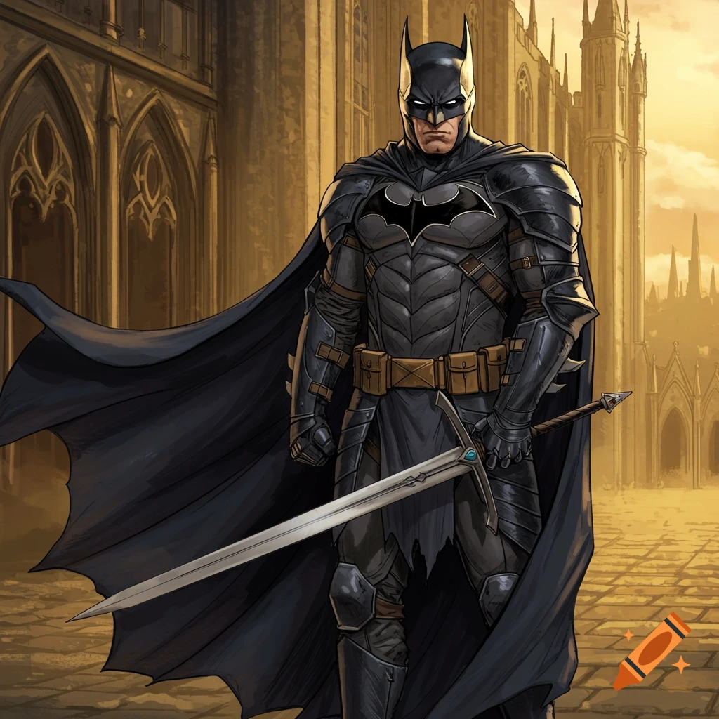 Batman in knight armor with a sword stands before a gothic building.