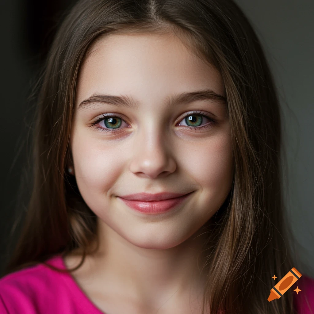 Close-up portrait of a young girl with green eyes and brown hair smiling.