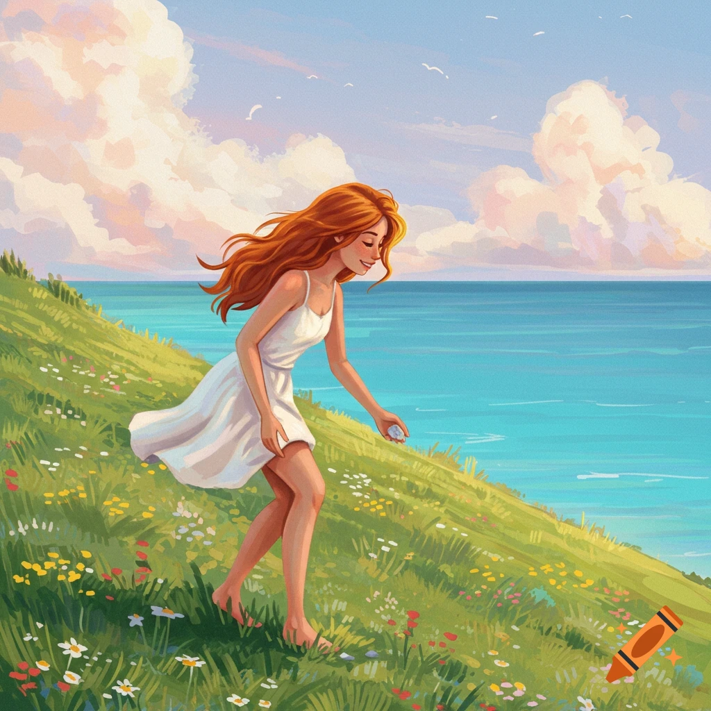 A red-haired woman in a white dress walking down a grassy hill with flowers picking up an object near the ocean.