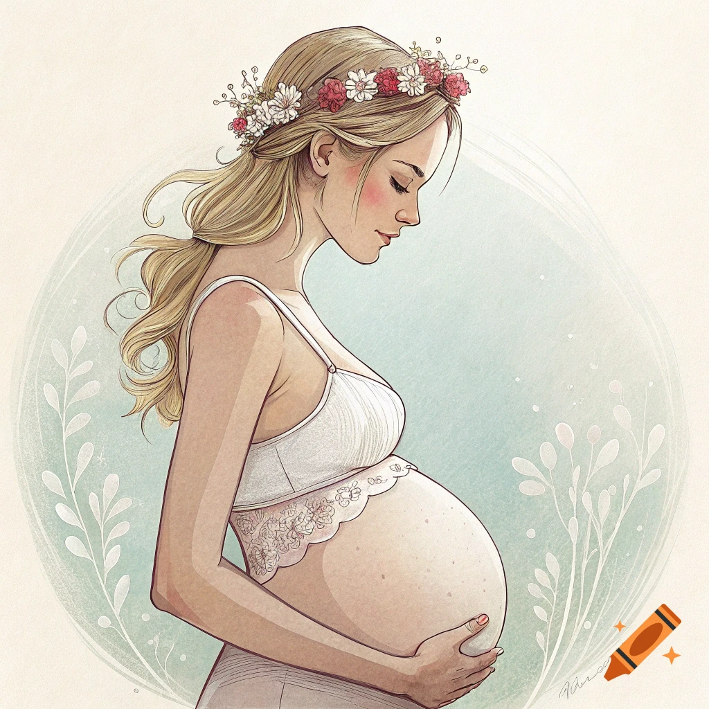 Illustration of a pregnant woman with a floral crown, holding her large belly.