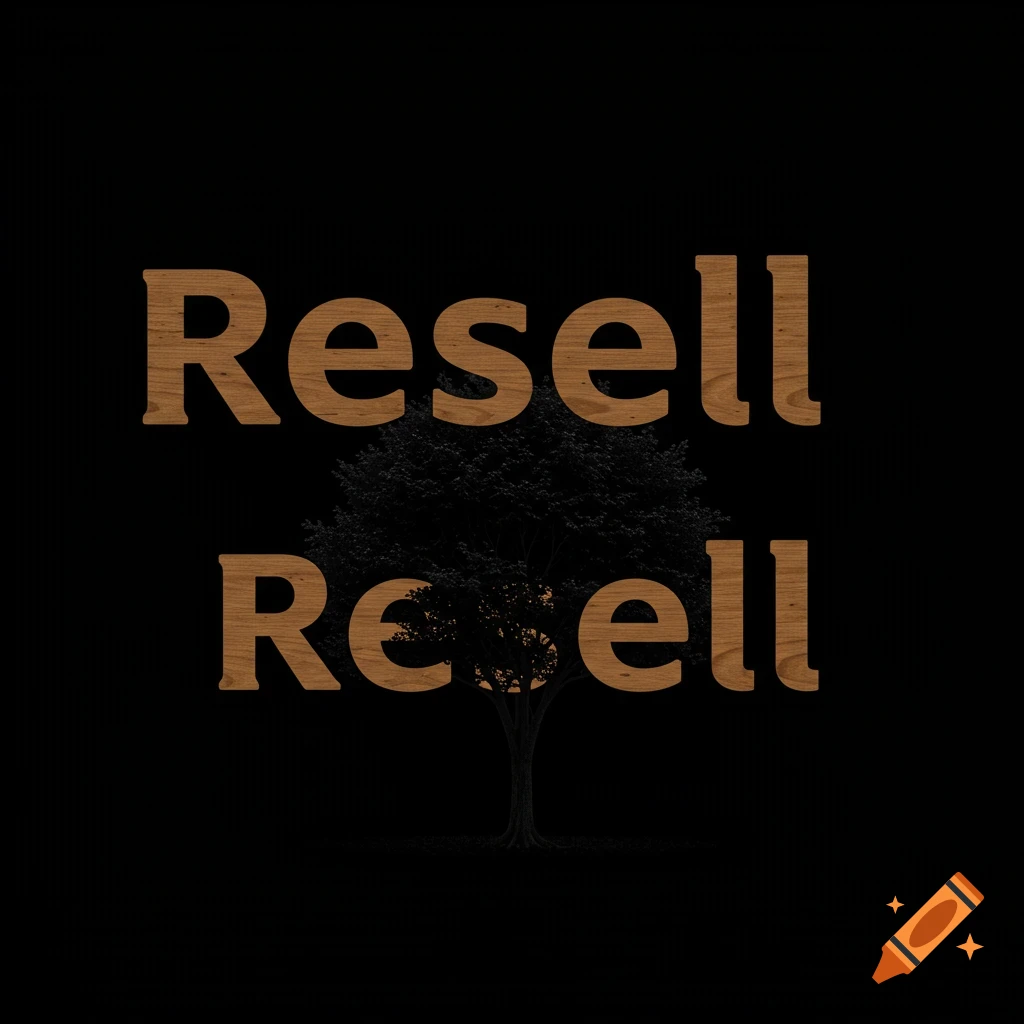 Wooden text "Resell" and garbled text over a dark tree on black.