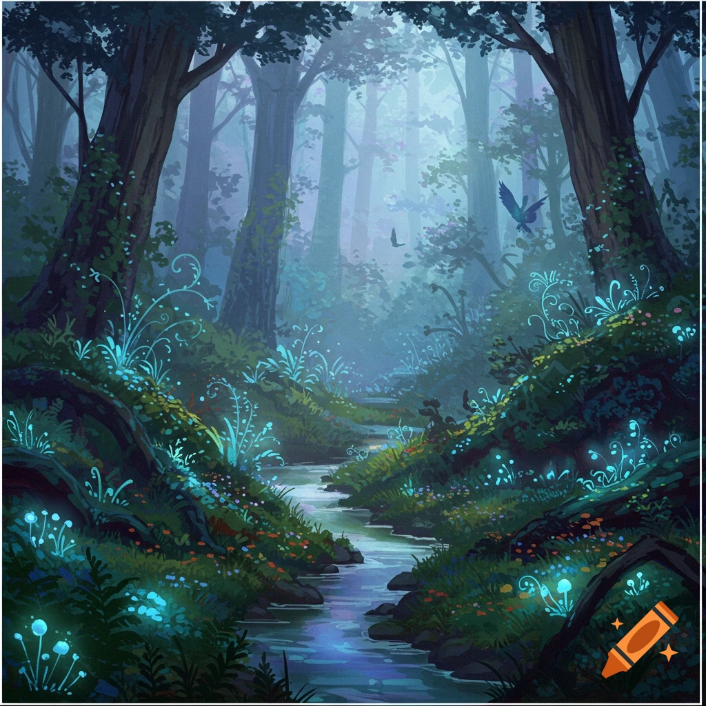 A misty fantasy forest with a stream, glowing plants, and a bird flying.