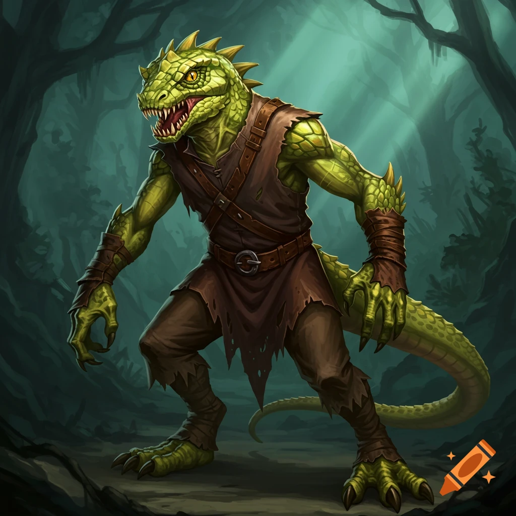 A humanoid lizard monster in a dark forest.