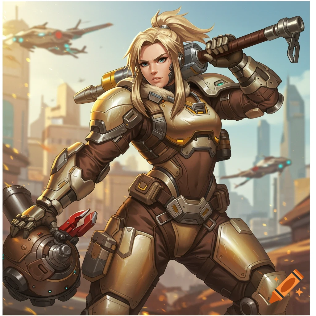 Brigitte from Overwatch stands in her armor, holding a flail and shield device within a futuristic city.