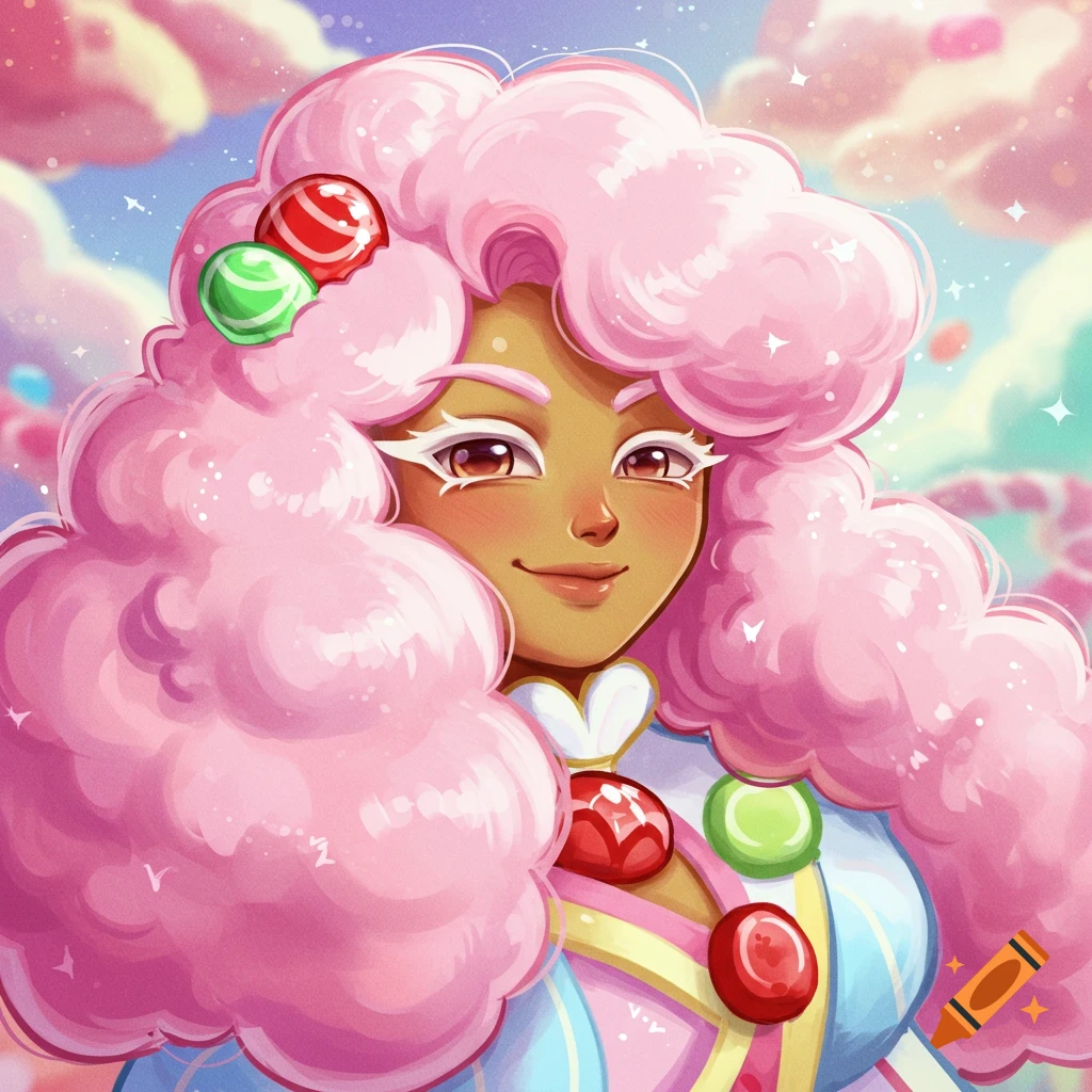A cartoon character with large pink hair decorated with candies is smiling against a cloudy background.