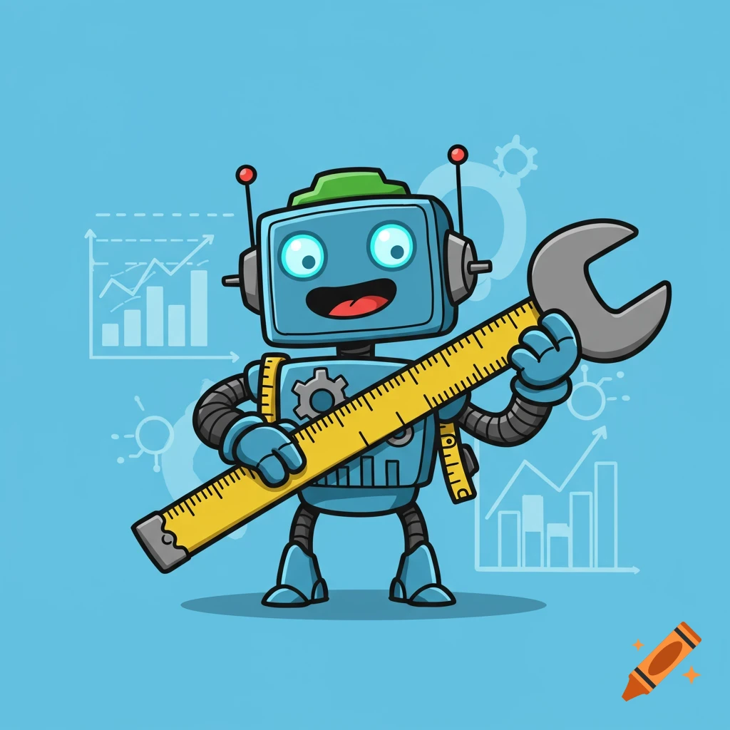 A cartoon blue robot holding a large yellow ruler and grey wrench on a blue background with chart and gear icons.