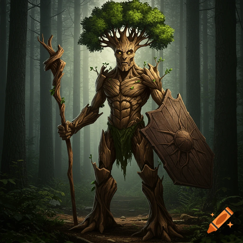 A humanoid tree creature holding a wooden staff and shield stands in a forest.