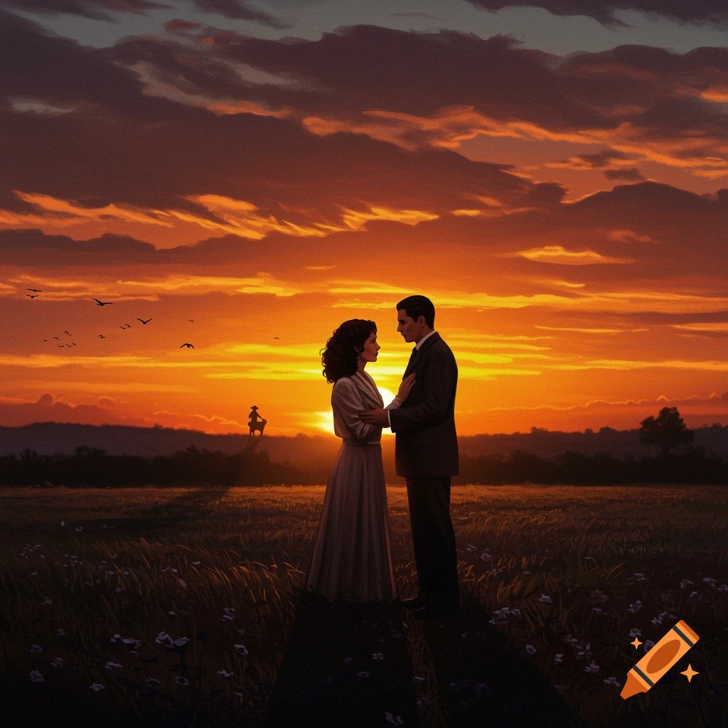 A couple stands in a field at sunset.