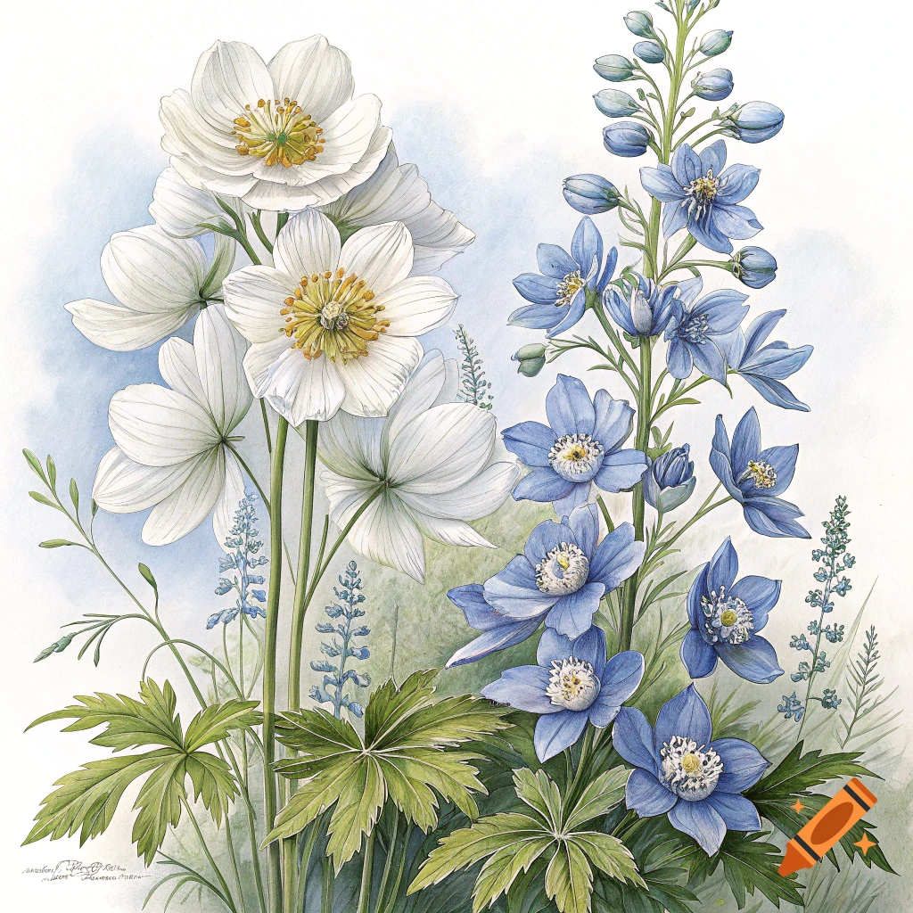 Watercolor painting of white anemone and blue delphinium flowers with green leaves.