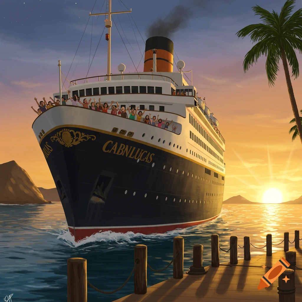 A cruise ship is departing a tropical dock at sunset, with passengers waving from the deck.