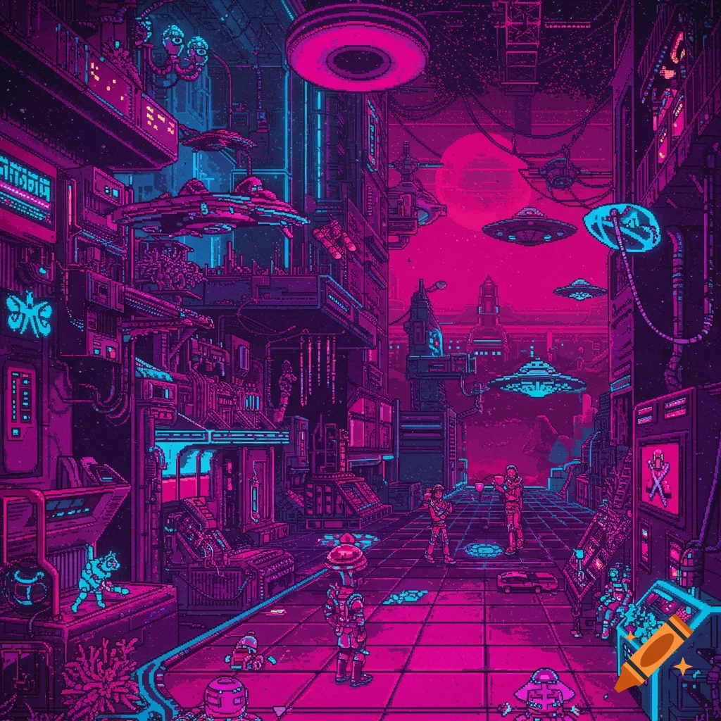 Pixel art rendering of a retro sci-fi city street at night with flying vehicles and figures, in pink and blue neon colors.