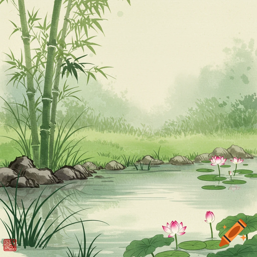 Watercolor painting of a pond with bamboo, rocks, and pink lotus flowers.