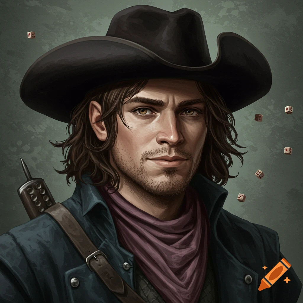 Portrait illustration of a man in a cowboy hat with a spear and dice.