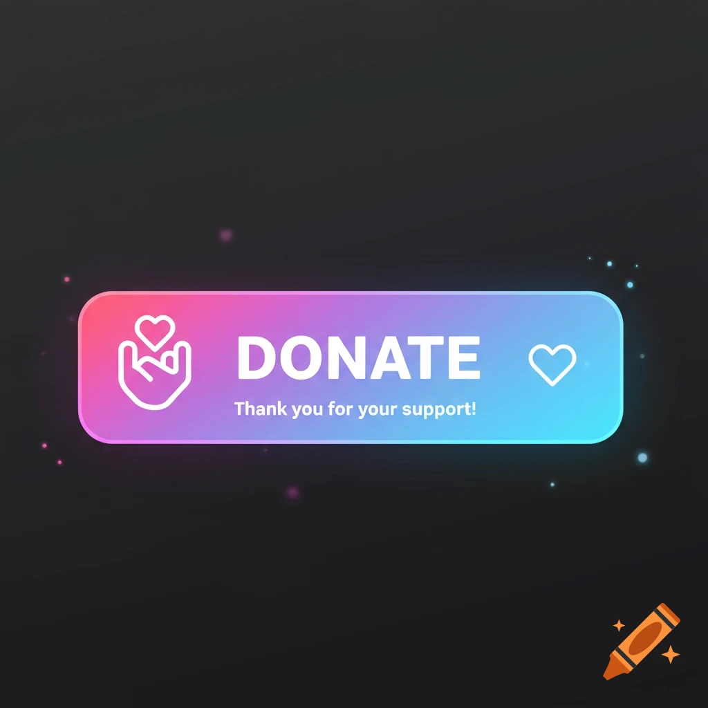 Gradient donate button graphic with hand-heart icon and thank you message