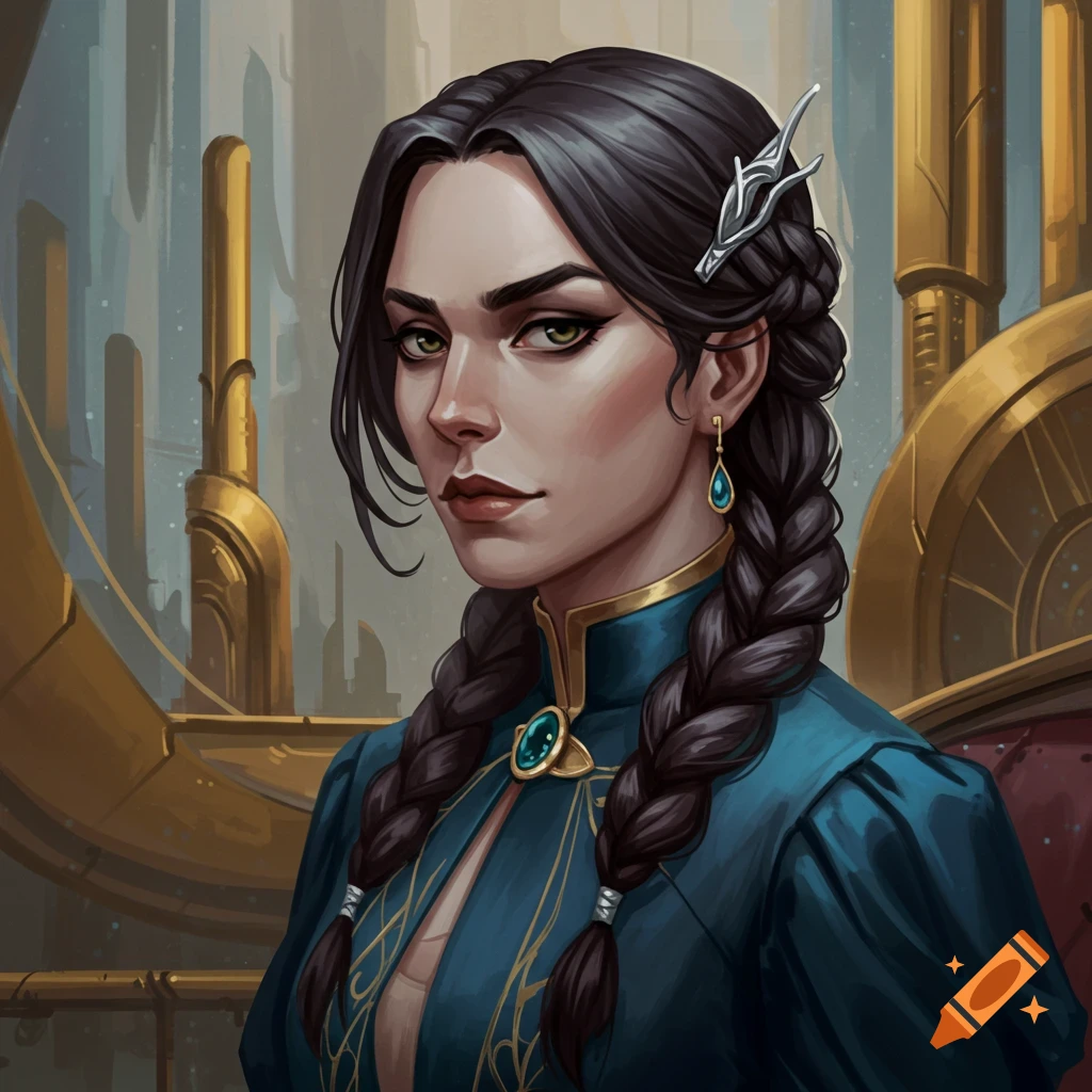 A woman with dark braids in a blue and gold dress in a steampunk setting.