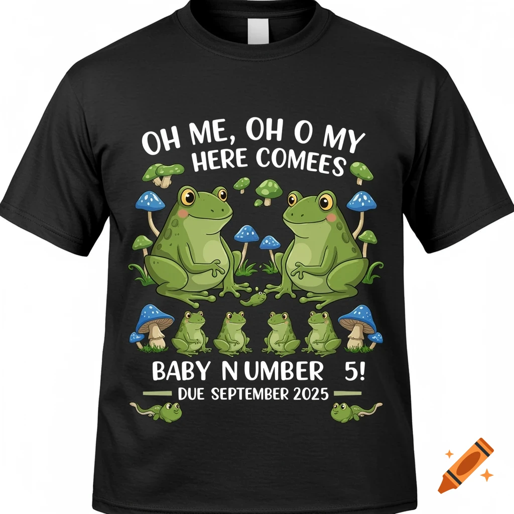 Cartoon frogs, tadpoles, and mushrooms on a black t-shirt with text about baby number 5.