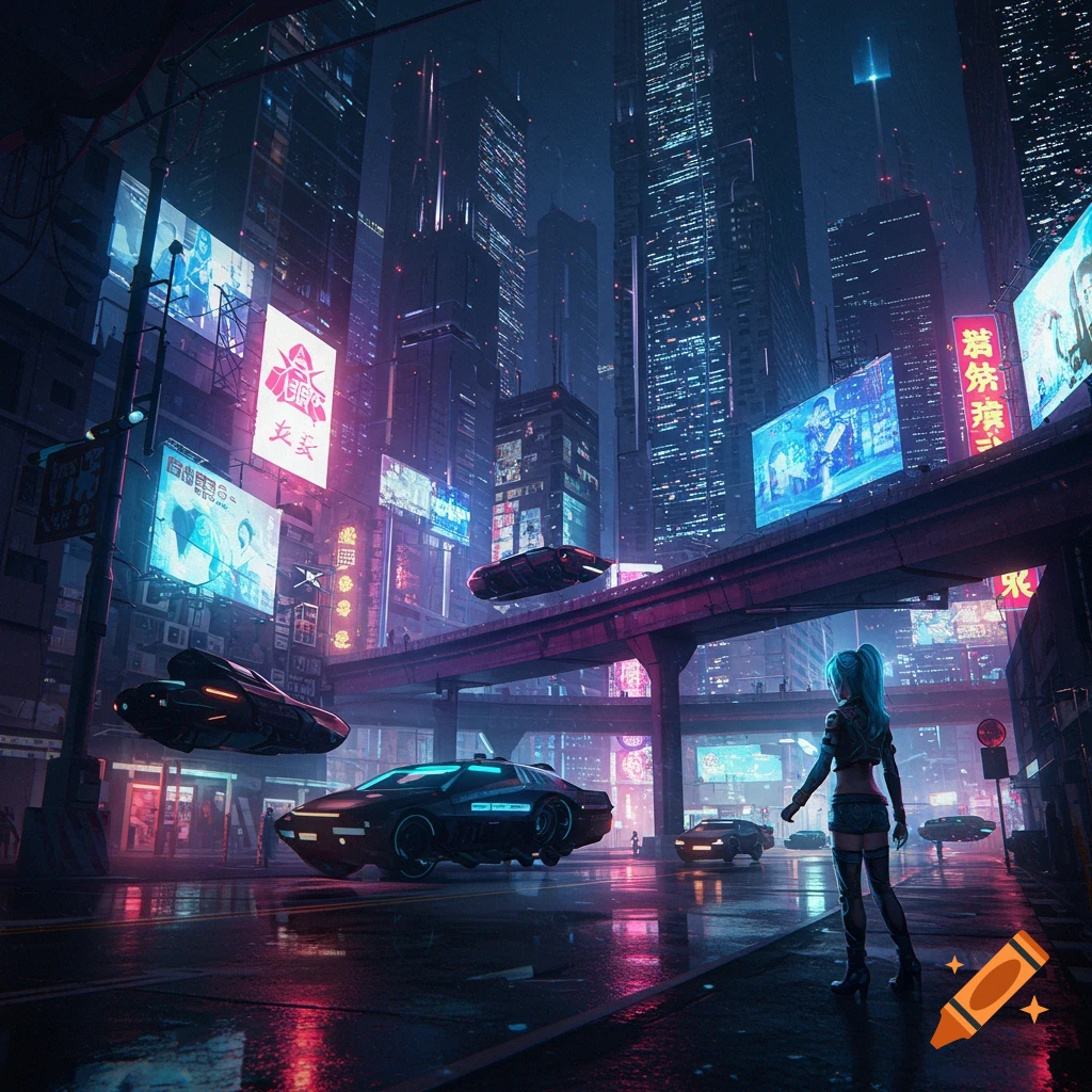 A neon-lit cyberpunk city street at night with futuristic cars and a character looking into the distance.