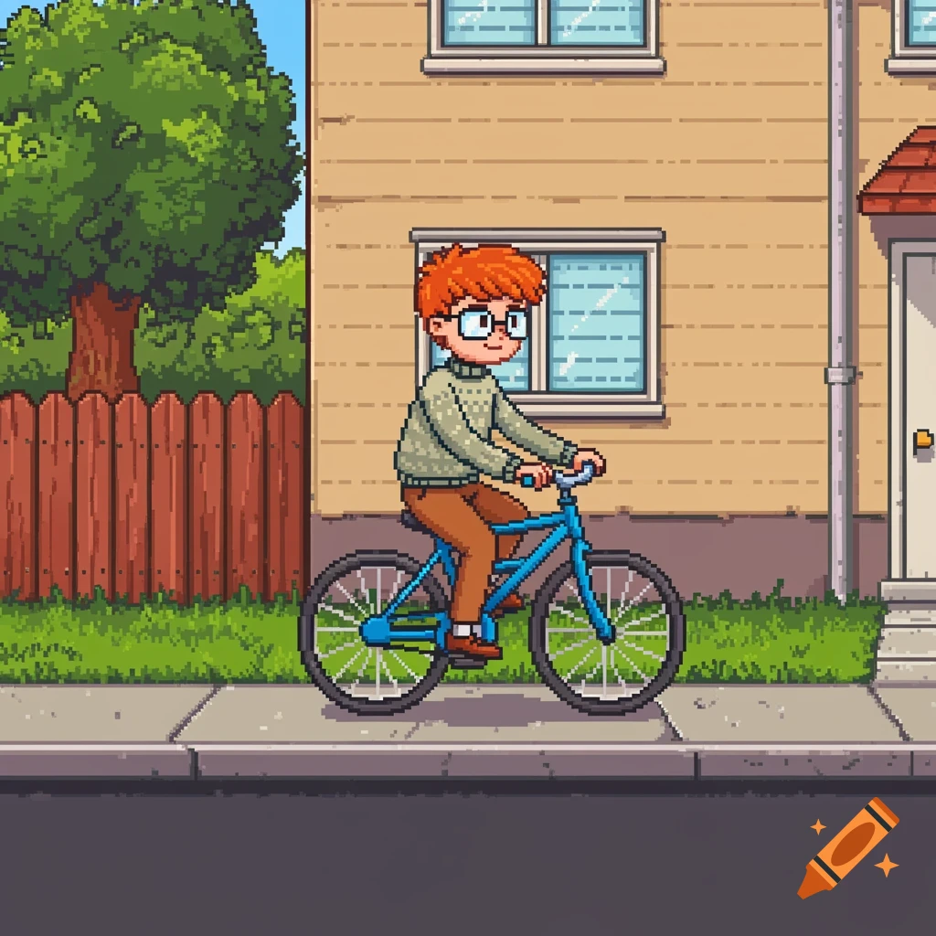 Pixel art of a boy with red hair and glasses riding a blue bike on a suburban street.