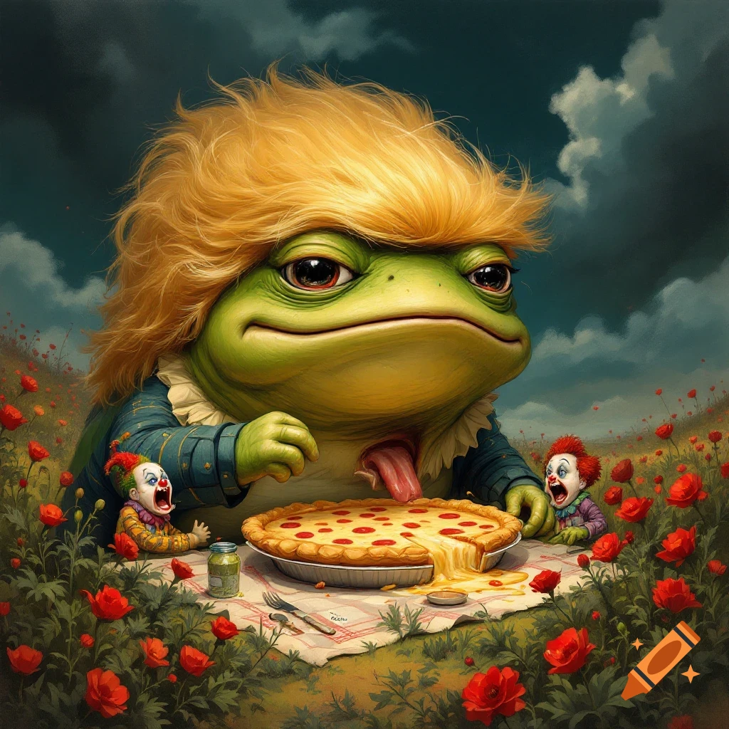 A large toad in a blonde wig is eating pizza at a picnic in a poppy field with small screaming clowns.