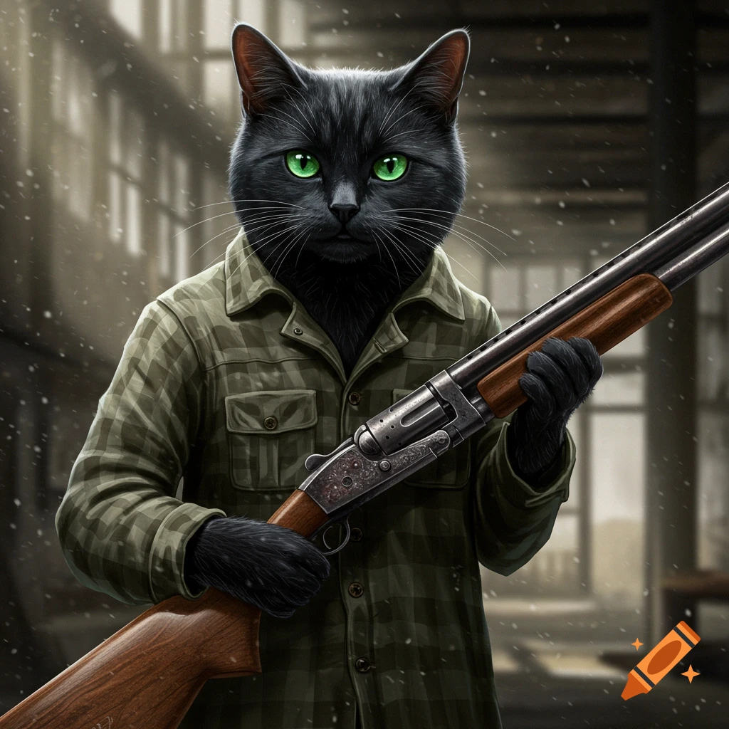 A black cat is wearing a plaid shirt and holding a shotgun.