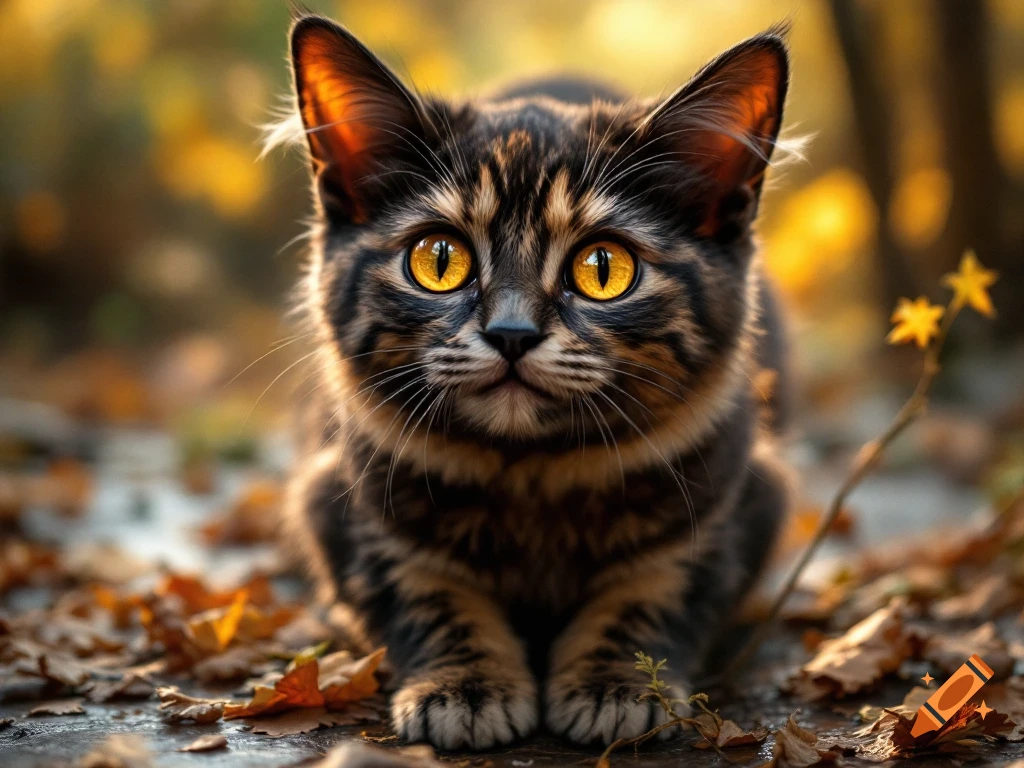A kitten with golden eyes sits among fallen autumn leaves.