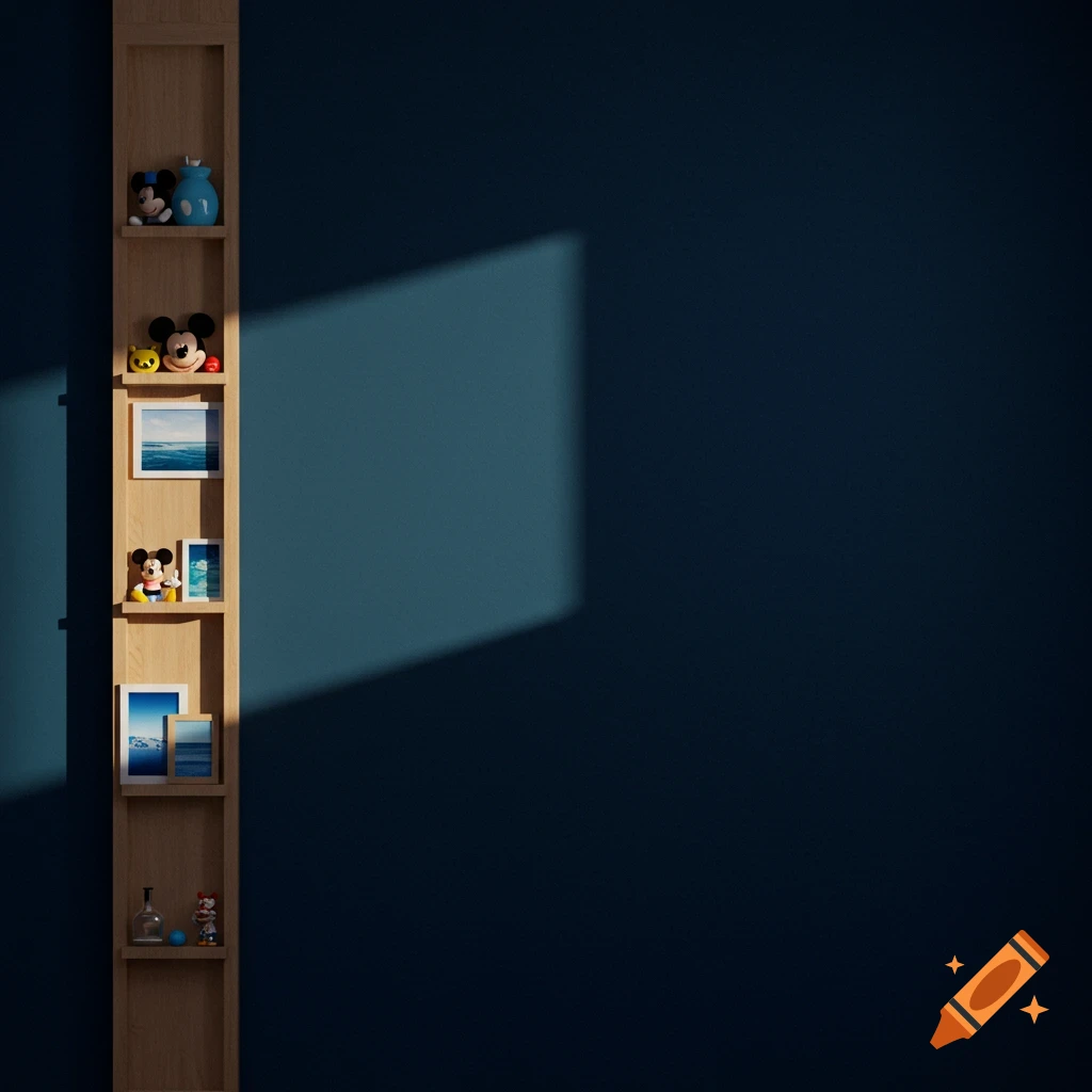 A minimalist bookshelf with items against a dark blue wall, lit by sunlight.