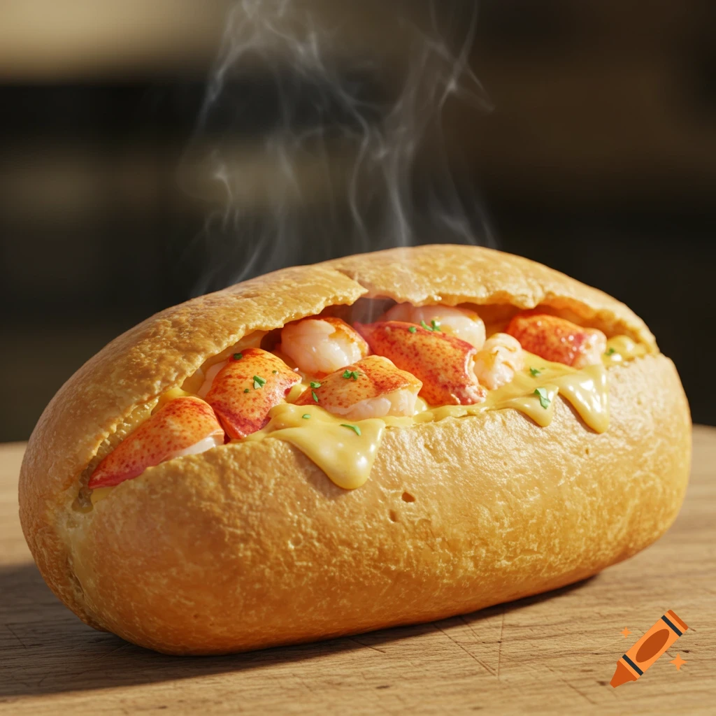 Photorealistic close-up of a steaming lobster roll filled with chunks of lobster and melted sauce on a wooden surface.