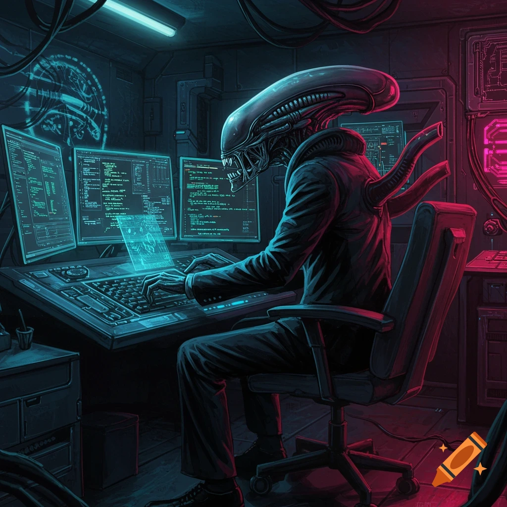 An image shows a Xenomorph in a suit programming at multiple computer screens.