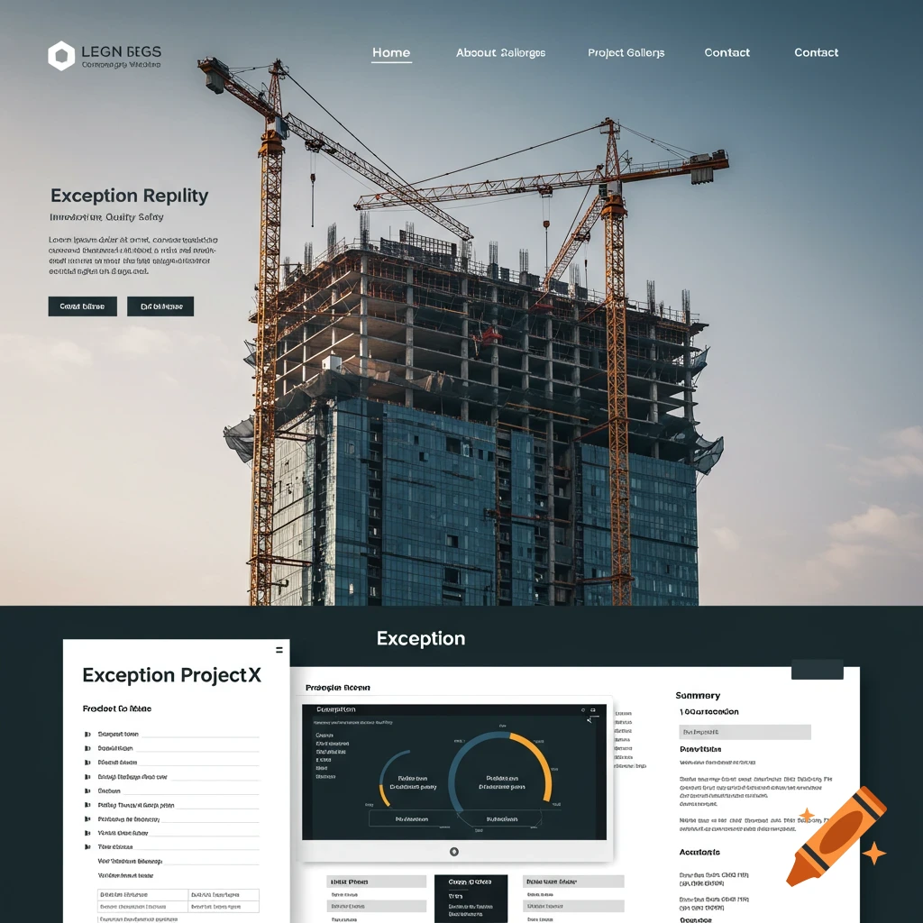 Simulated construction company website landing page overlaid on an image of a building under construction with cranes.