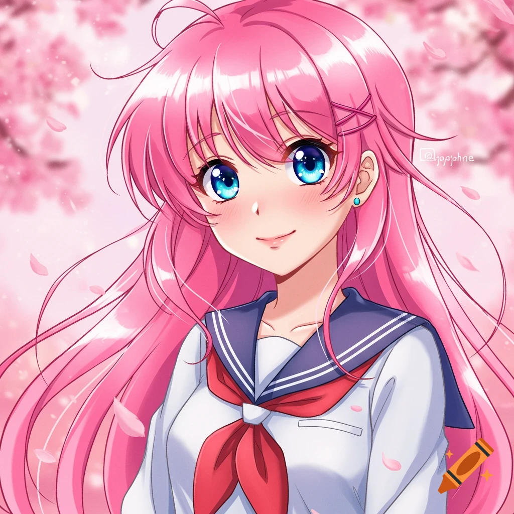 Anime portrait of a girl with pink hair and blue eyes in a school uniform, with cherry blossoms.