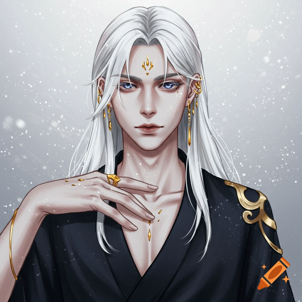 A man with long white hair and blue eyes in a dark robe with gold jewelry, fantasy art.