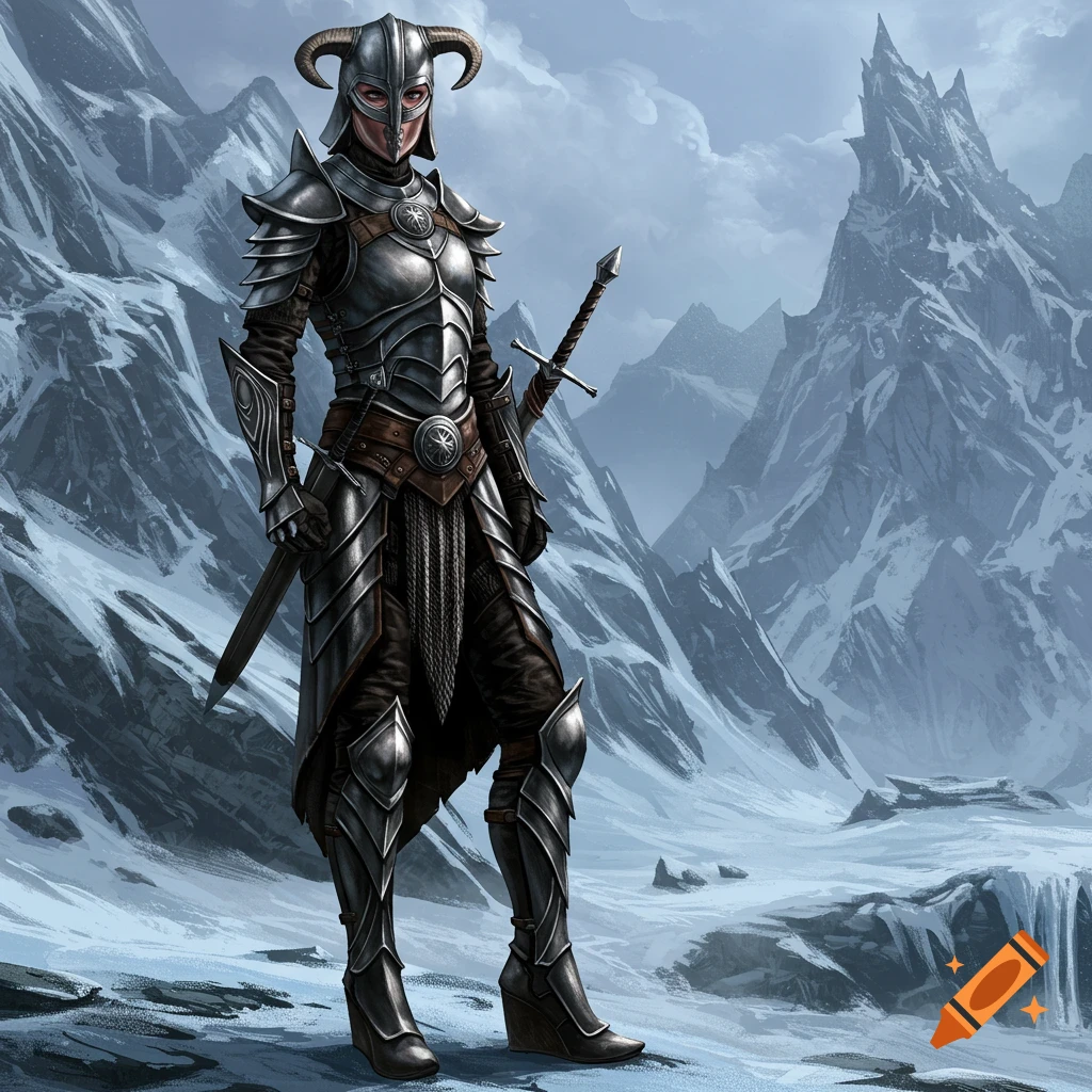 A warrior in full armor stands in a snowy mountain landscape.