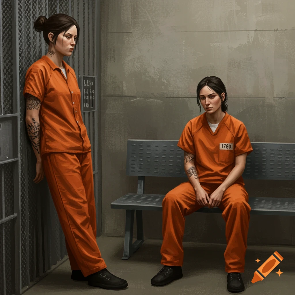 Two women in orange jumpsuits stand and sit in a prison cell block.