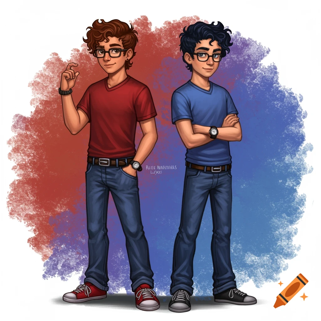 Two young men, one in a red t-shirt, the other in blue, standing against a red and blue painted background.