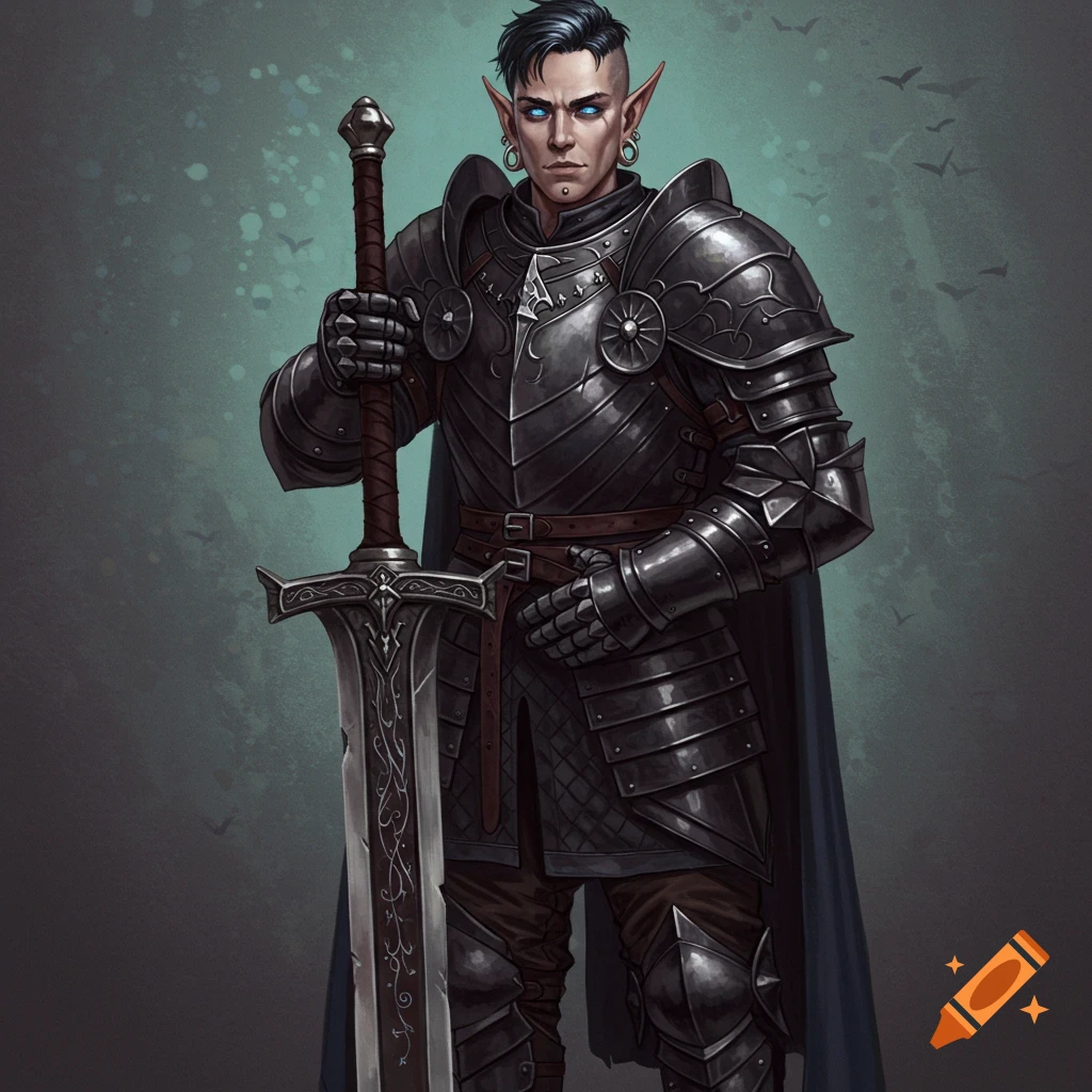 An elven paladin in black armor holds a large sword.