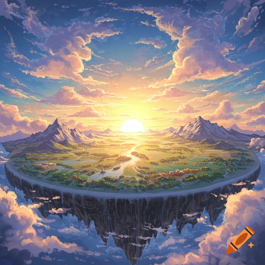 A vibrant floating island with mountains, a river, and trees, under a bright sun and clouds.