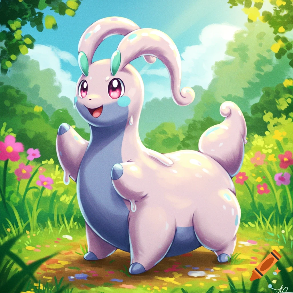 A cute, pink and purple Goodra standing in a grassy field with flowers.