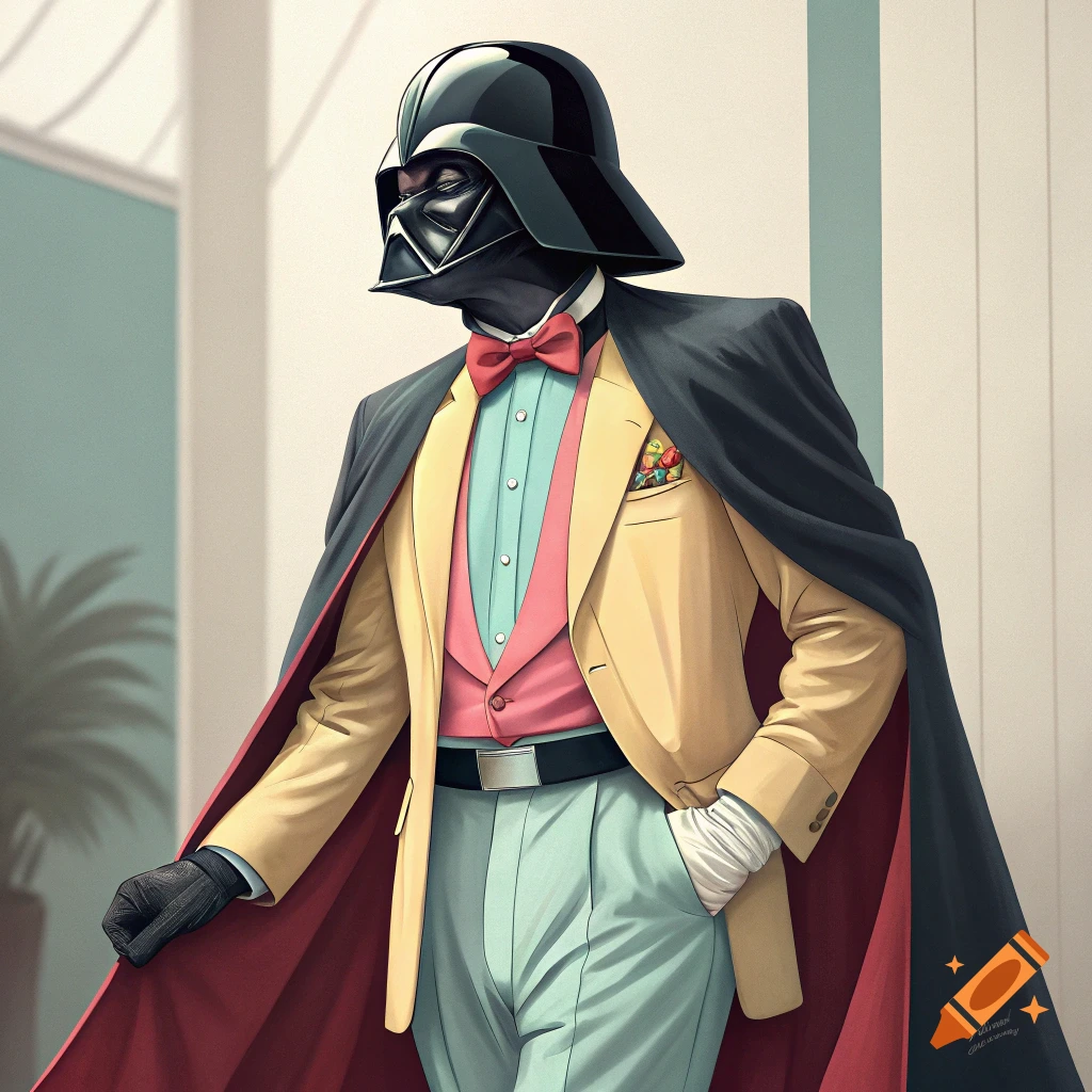 Darth Vader wearing a colorful suit with a red bowtie and cape