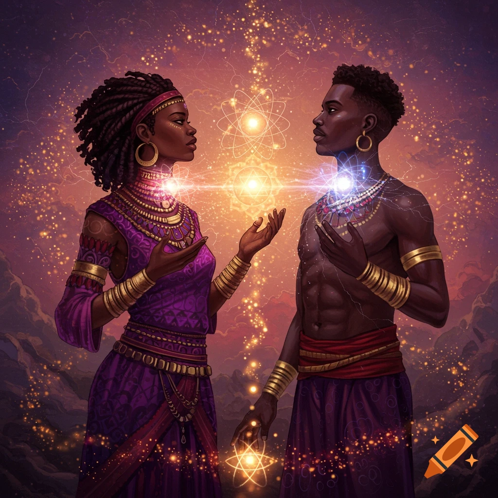 Two people in elaborate purple, red, and gold clothing with glowing energy connecting them against a mystical background.