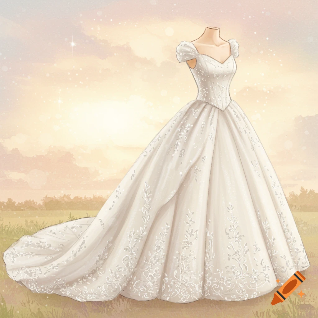 A white wedding dress with lace embroidery and train in a field under a pastel sky.