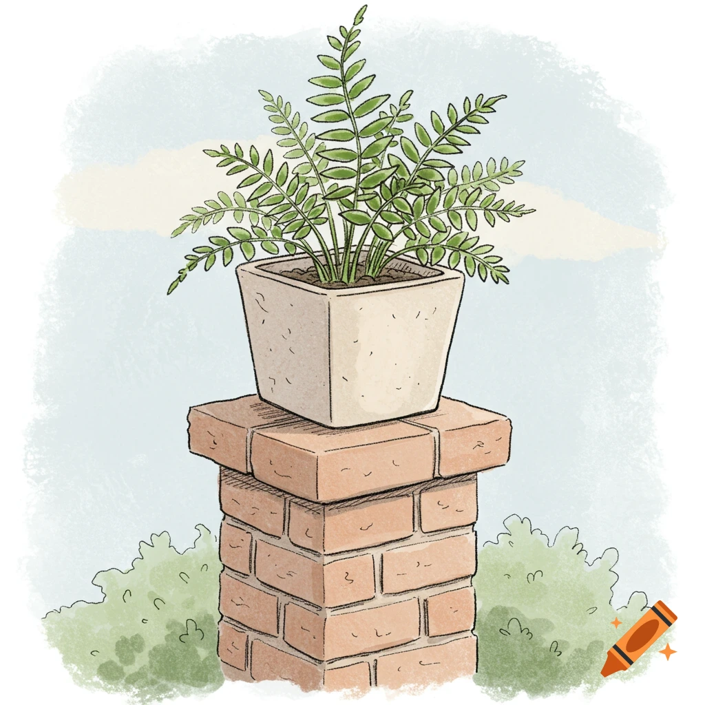 A potted plant sits on a brick pillar, rendered in a hand-drawn sketch style.