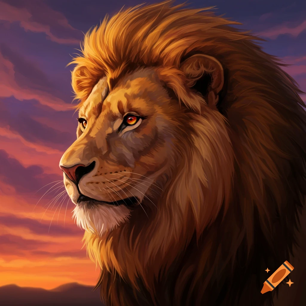 A lion's head in profile against a dramatic sunset sky.