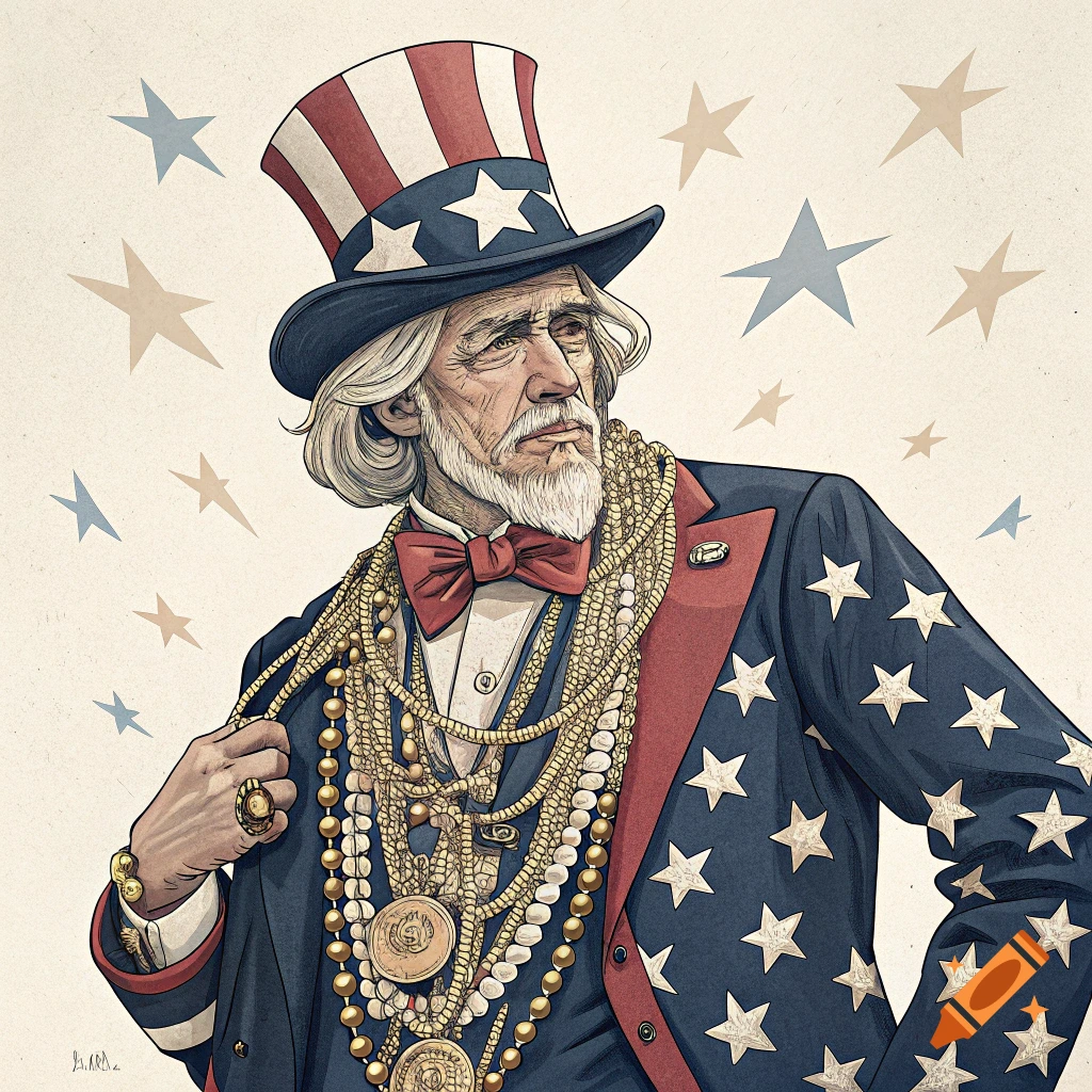 Illustration of Uncle Sam wearing a suit and many gold necklaces.