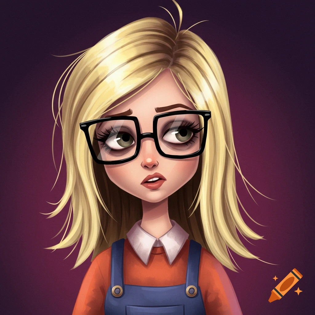 A young woman with blonde hair and glasses wearing overalls.