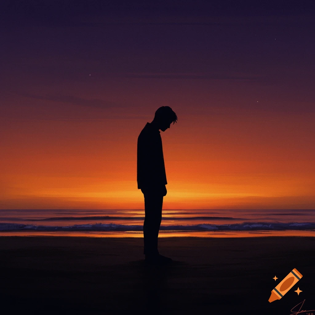 A silhouette of a man stands on a beach at sunset.