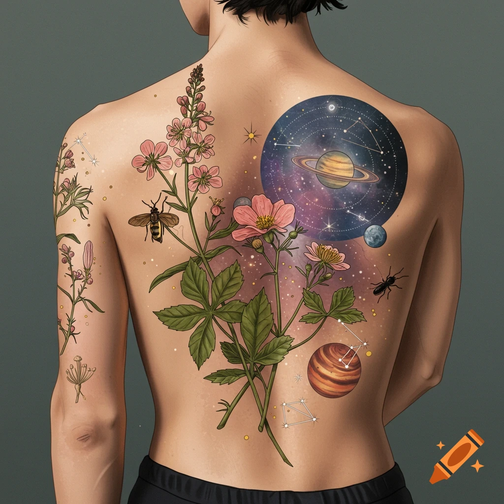 A person's back covered in tattoos of flowers, insects, planets, and constellations.