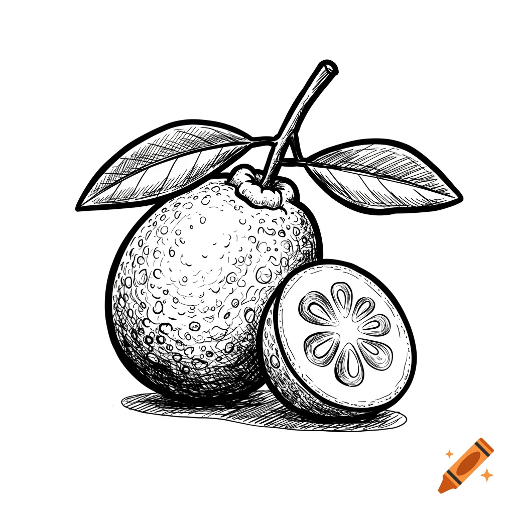 Black and white sketch of a whole fruit and a slice with leaves.
