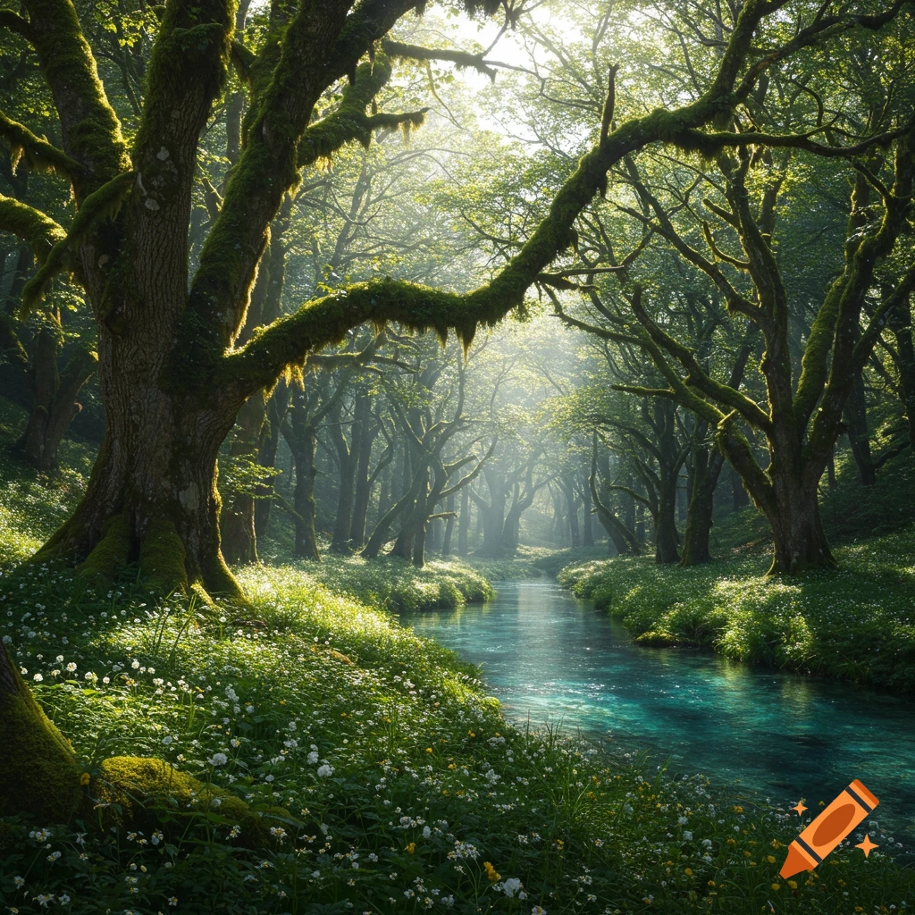 A sunlit, mossy forest with a blue stream winding through a meadow of white flowers.